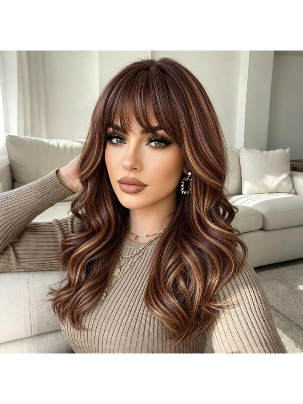 Women's Omber Brown Natural Looking 18 Inch Classic Synthetic Layered Wavy Wigs